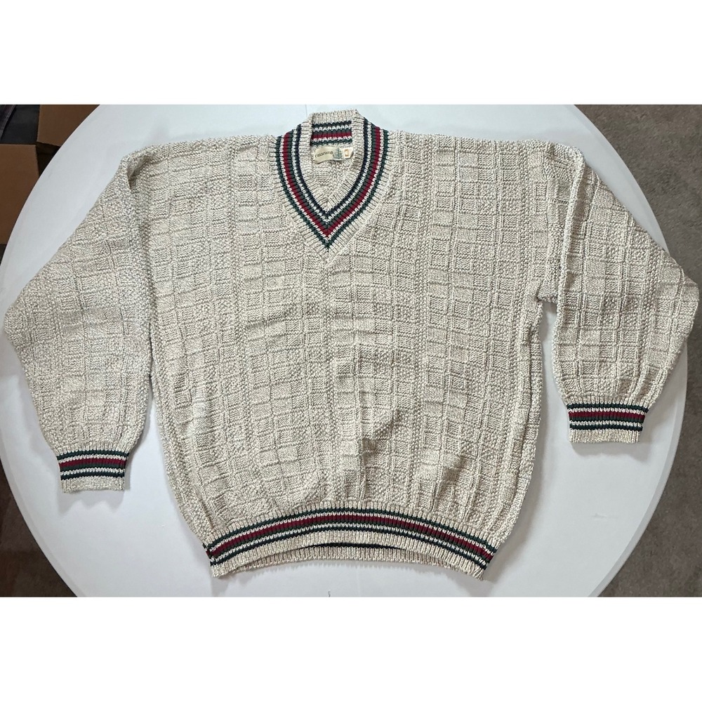 VTG USA Made Fieldmaster V-Neck Sweater Mens 3XL Cotton Cricket Striped Preppy